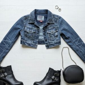 GUESS Denim Rhinestone Studded Y2K Crop Style Jacket